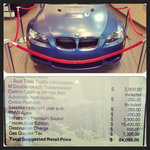 Был сегодня в автосалоне BMW и увидел превосходный M3 Frozen Matte Blue! НО $15,400 только за цвет?????