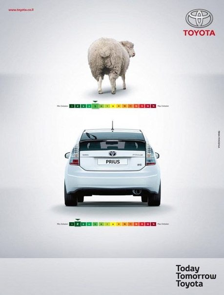 Специалисты по рекламе из Тель-Авива утверждают, что выхлоп гибридного Toyota Prius в 2,5 раза меньше, чем у овцы.